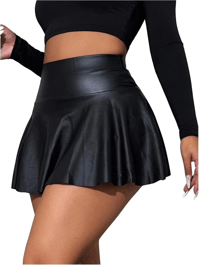 Leather Skirt Faux Mini Skort High Waist Concert Outfits by OYOANGLE, photograph 4 of 4