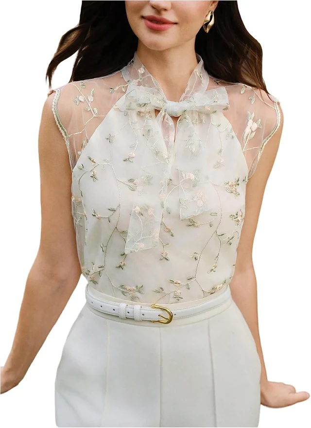 Floral Embroidery Sheer Mesh Blouse Bow Tie Neck Tops by OYOANGLE