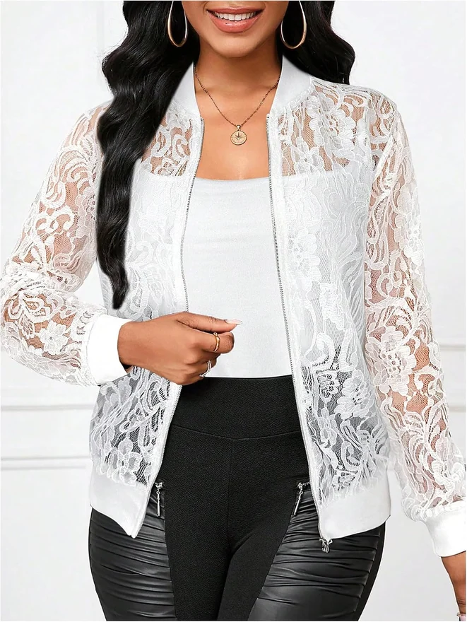 Lace Sheer Long Sleeve Bomber Jackets by OYOANGLE, photograph 4 of 4