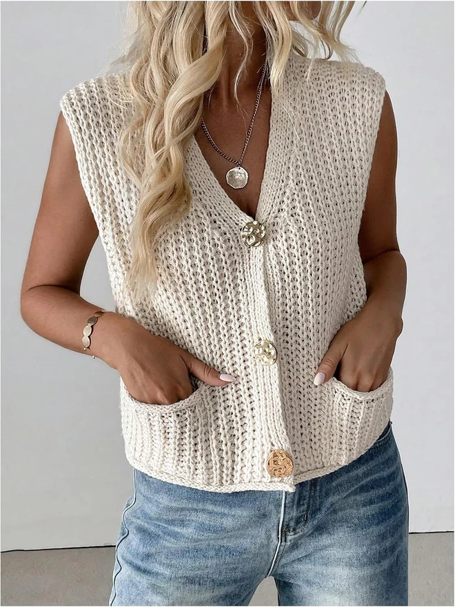 Button Up Chunky Sweater Vest Sleeveless V Neck Knitwear by OYOANGLE, photograph 3 of 4