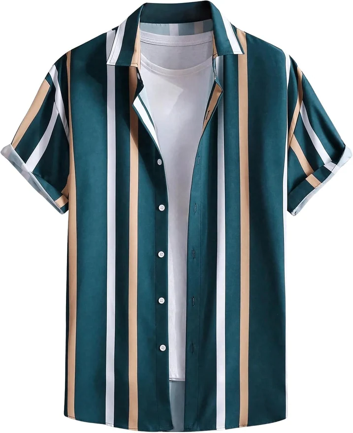 Color Block Striped Print Short Sleeve Button Down Shirt by OYOANGLE