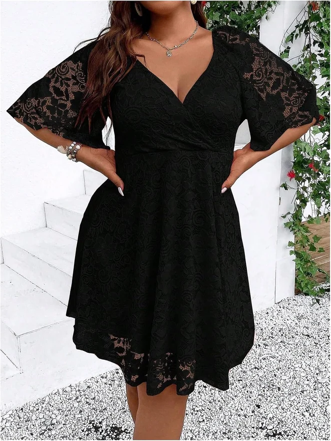 Plus Size Lace Deep V Neck Dress Half Sleeve Short Dress Wrap A by OYOANGLE, photograph 3 of 4