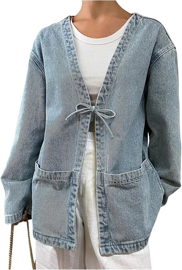 Oversized Bow Tie Front Denim Jacket V Neck Long Sleeve Jean by OYOANGLE, photograph 2 of 4