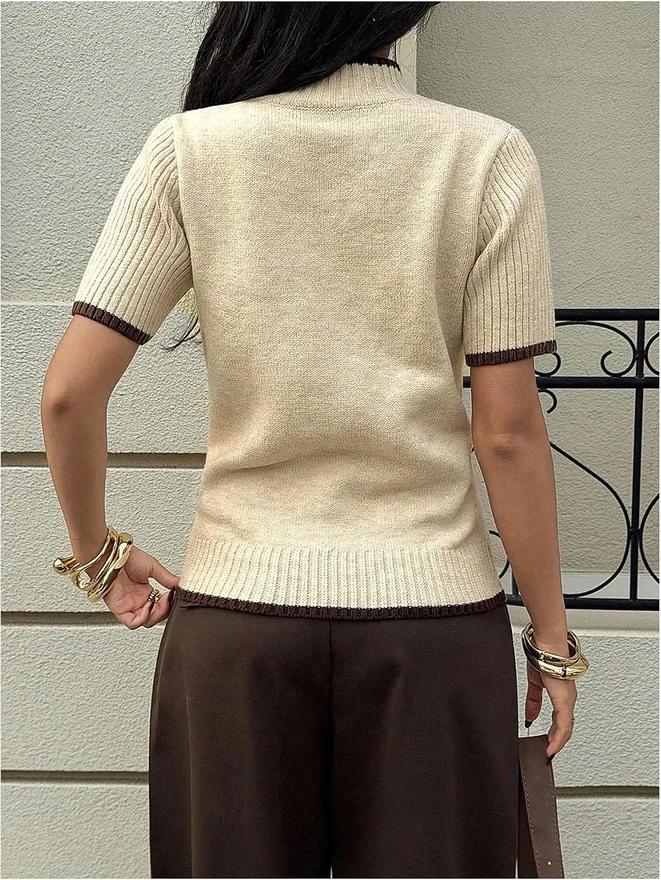 Mock Neck Short Sleeve Sweater Dressy Pullover Knit Tops by OYOANGLE, photograph 2 of 4