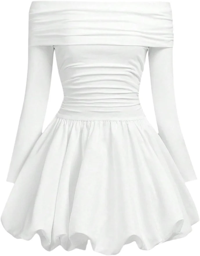Girl's Off The Shoulder Bubble Dress Long Sleeve Short Dresses by OYOANGLE, photograph 4 of 4