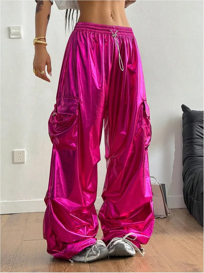 Metallic Pants High Waisted Y2K Cargo Pants Streetwear by OYOANGLE, photograph 2 of 3