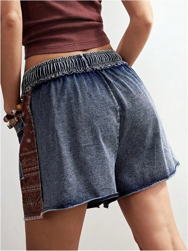 Boho Patchwork Jean Shorts Washed Drawstring High Waisted Wide by OYOANGLE, photograph 3 of 4