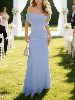 Off The Shoulder Maxi Dress Wedding Guest Dresses Pink in Light Blue