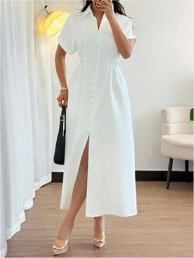 Short Sleeve Button Up Long Shirtdress Ruched Collar Business by OYOANGLE, photograph 3 of 3