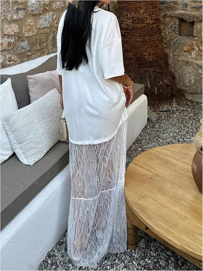 Floral Lace Layered Ruffle Dress Short Sleeve Long Dress by OYOANGLE, photograph 2 of 3