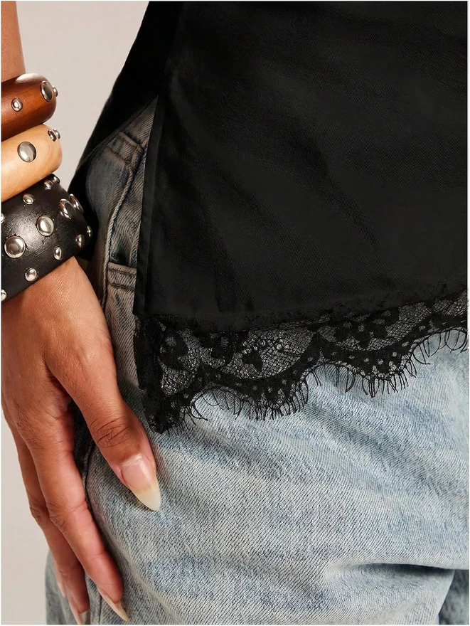 Off The Shoulder Top Lace Asymmetrical Y2K Going Out Top Tee by OYOANGLE, photograph 4 of 4