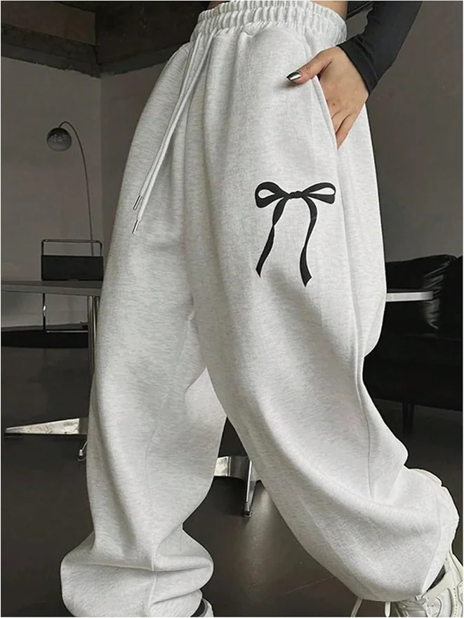Plus Size Sweatpants Bow Graphic Drawstring Waist Workout by OYOANGLE, photograph 2 of 3