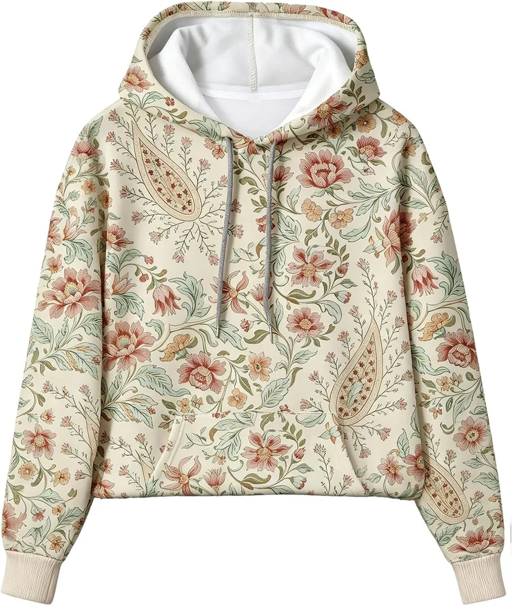 Plus Size Floral Graphic Hoodie with Pockets Boho Top Beige and by OYOANGLE