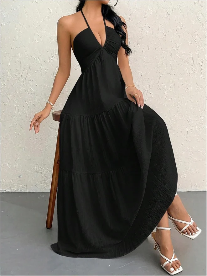 Summer Beach Halter Sundress Formal Wedding Guest Dress by OYOANGLE, photograph 2 of 3