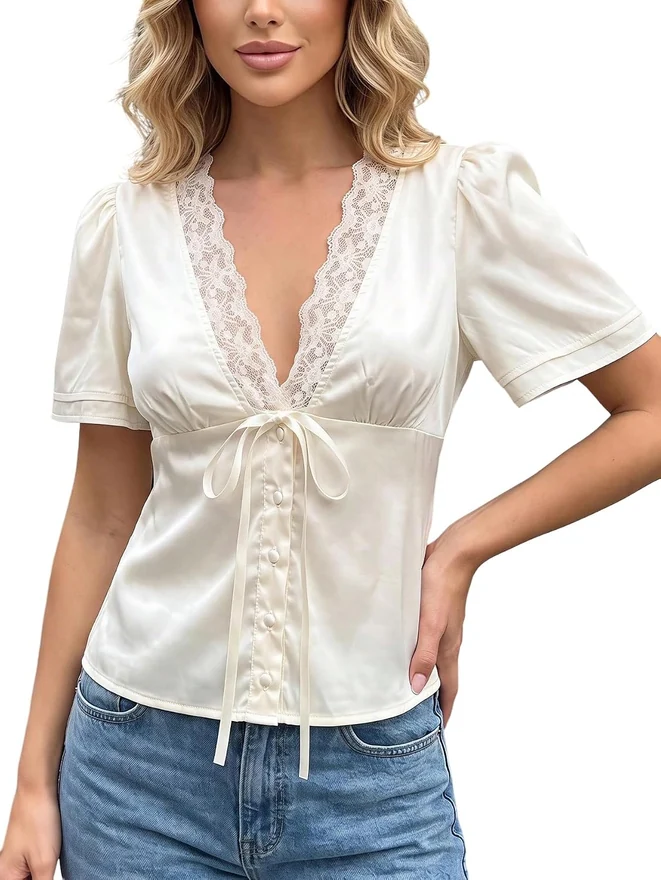 Tie Front Short Sleeve Lace Trim Satin Blouse Apricot by OYOANGLE