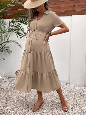 Maternity Button Belted Dress Dark Blue in Khaki
