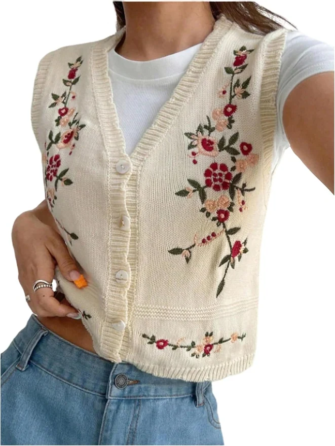 Plus Size Floral Button Up Sweater Vest Knit Cardigan by OYOANGLE