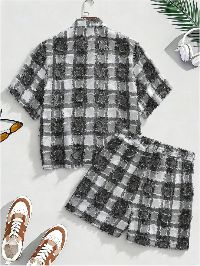2 Piece Plaid Outfits Short Sleeve Button Down Shirt and by OYOANGLE, photograph 2 of 4