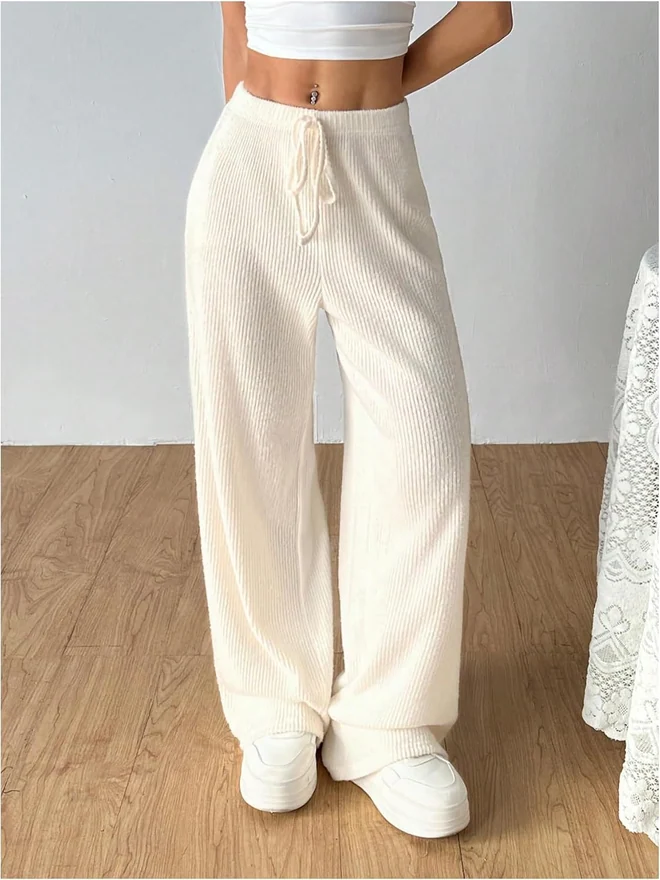 Rib High Waisted Trousers Drawstring Waist Wide Leg Pants by OYOANGLE, photograph 2 of 3