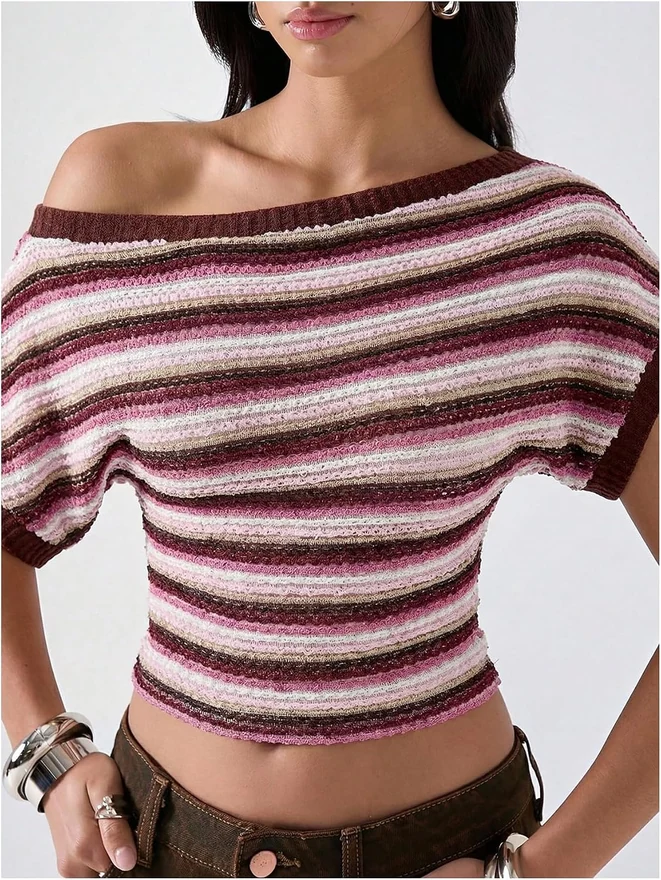 Off The Shoulder Tops Striped Cinched Waist Going Out Top by OYOANGLE, photograph 4 of 4