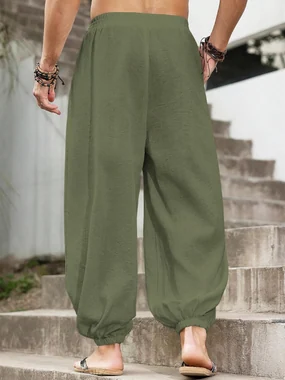 Harem Pants with Pocket Baggy Hippie Loose Fit Elastic Waist in Olive Green