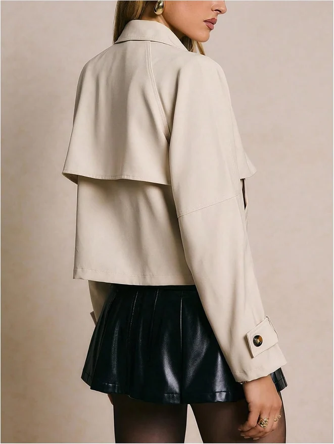 Cropped Trench Coat Long Sleeve Collared Jacket by OYOANGLE, photograph 2 of 3