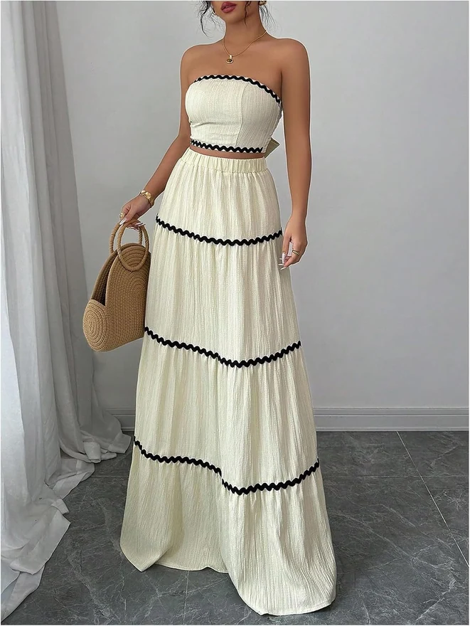 2 Piece Outfits Bandeau Crop Top and Flowy Maxi Skirt Set by OYOANGLE