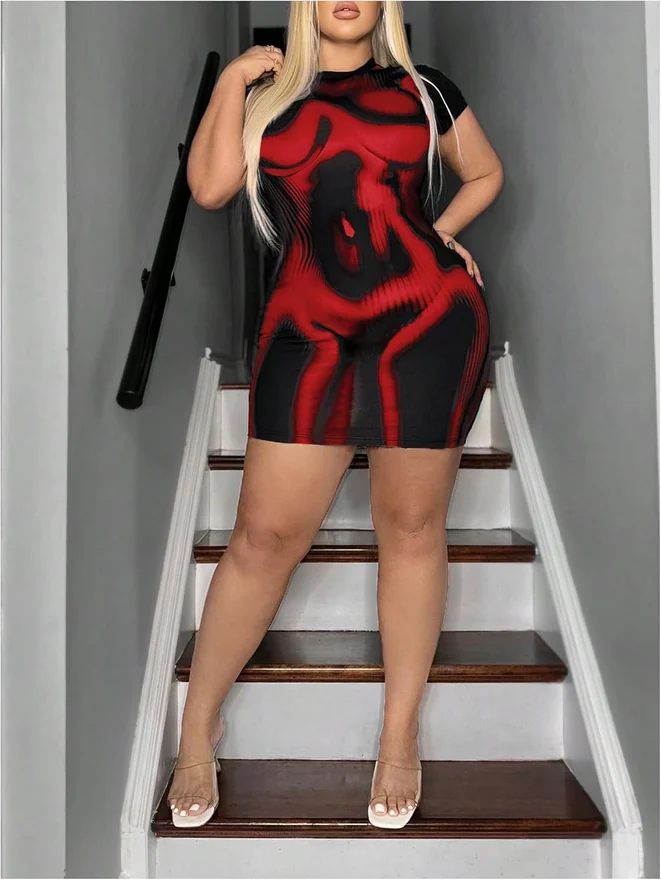 Plus Size Y2k Sexy Bodycon Dress Red by OYOANGLE, photograph 4 of 4
