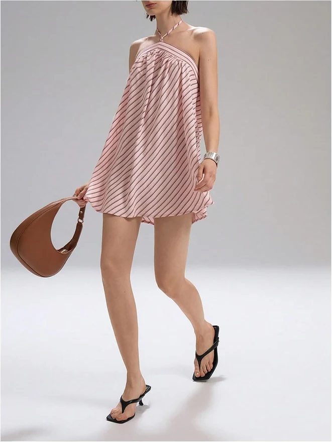 Striped Halter Dress Y2K Summer Going Out Mini Dresses by OYOANGLE, photograph 4 of 4