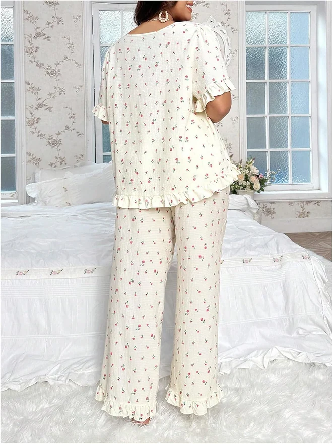 Plus Size Pajama Set Floral Short Sleeve Sleepwear Pjs by OYOANGLE, photograph 3 of 4
