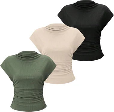 3 Pack Business Casual Outfits Mock Neck Ribbed Tank Tops in Black Beige Army Green