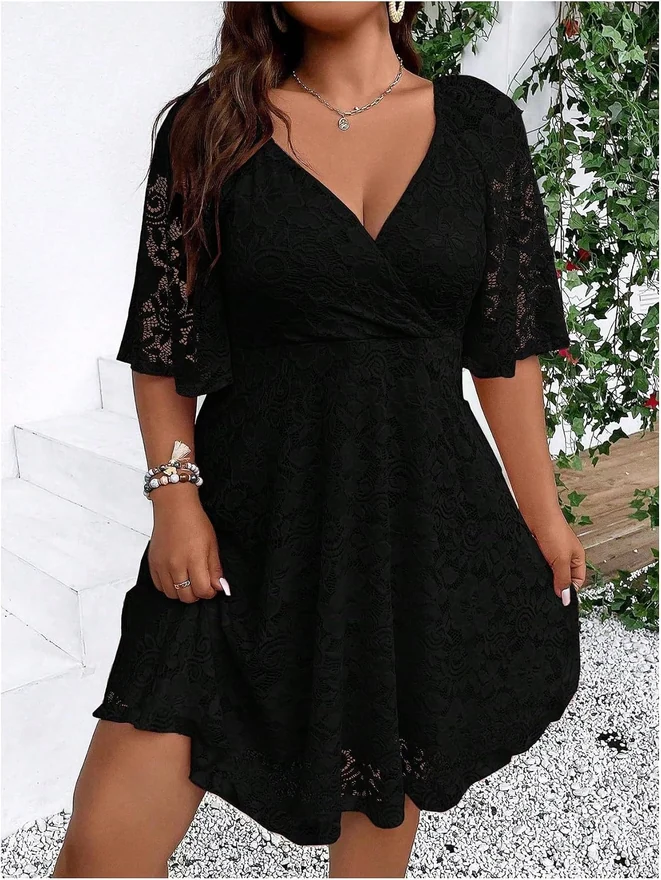 Plus Size Lace Deep V Neck Dress Half Sleeve Short Dress Wrap A by OYOANGLE, photograph 4 of 4