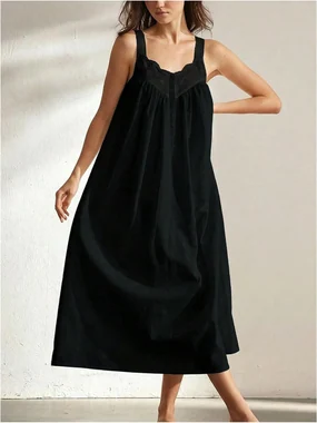 Nightgowns for Women Sleeveless Eyelet Dress Long House Dress in Black