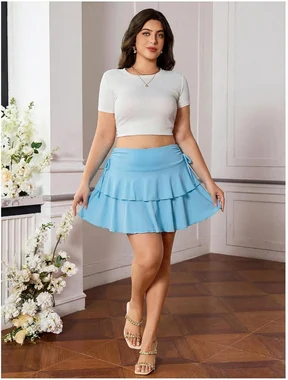 Plus Size High Waisted Y2K A Line Ruffle Skorts Mini Skirt in Light Blue