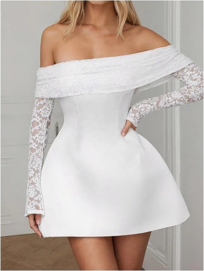 Floral Lace Off The Shoulder Dress Cocktail Mini Dresses White by OYOANGLE