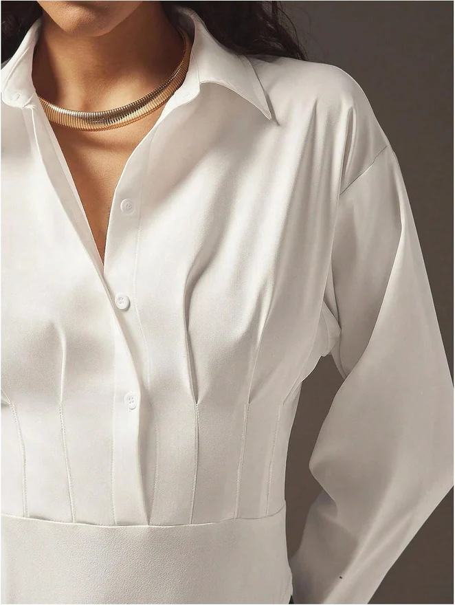 Dolman Long Sleeve Collared Bodysuit Button Down Shirt by OYOANGLE, photograph 4 of 4
