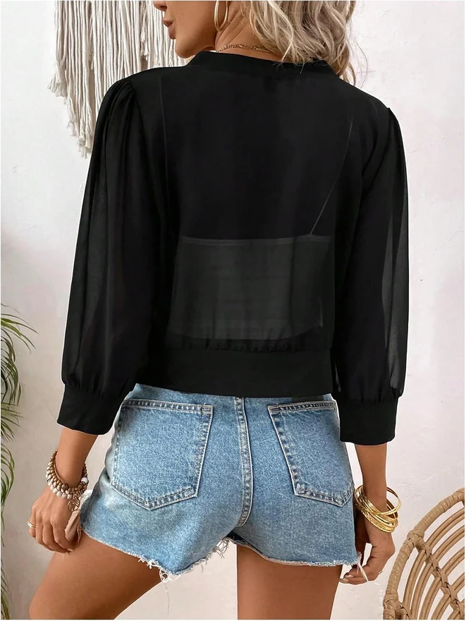 3/4 Sleeve Open Front Sheer Cropped Cardigans by OYOANGLE, photograph 3 of 4