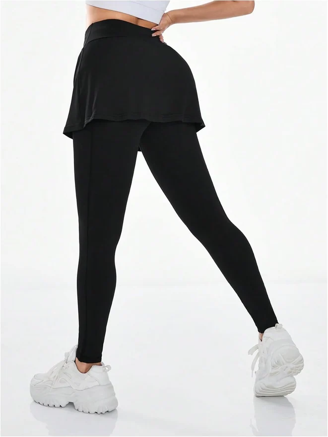 Skirted Leggings with Pockets Black by OYOANGLE