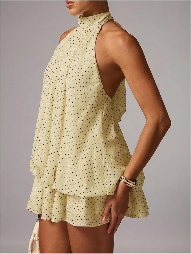 Summer Polka Dots Halter Y2k Cute Ruffle Wedding Party Dress by OYOANGLE, photograph 3 of 3