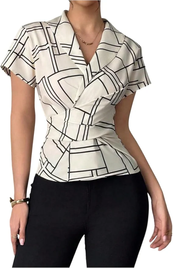 Lapel Neck Blouse Wrap Belted Slim Fitted Casual Shirt by OYOANGLE