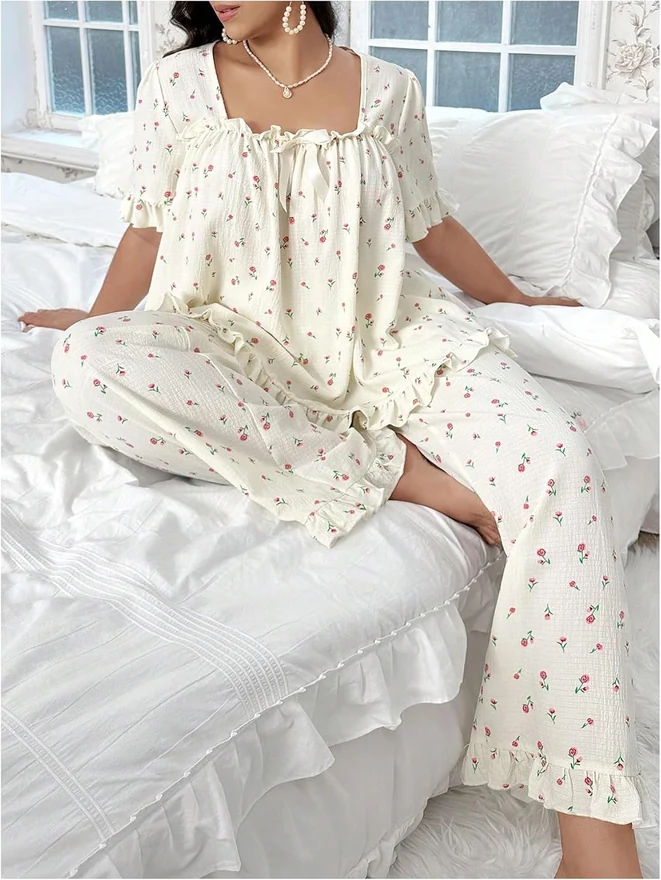 Plus Size Pajama Set Floral Short Sleeve Sleepwear Pjs by OYOANGLE, photograph 4 of 4