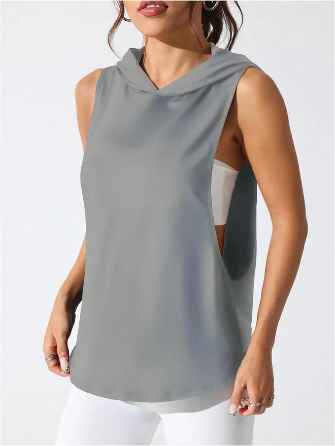 Workout Top Hooded Tank Graphic Print Gym Yoga Shirt Grey by OYOANGLE, photograph 3 of 3