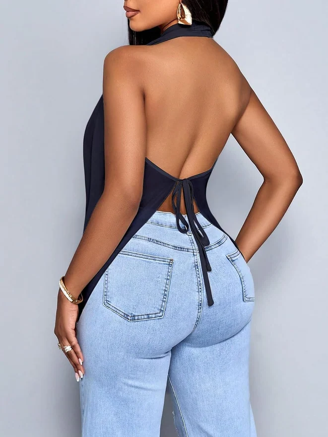 Cowl Neck Halter Tops for Women Backless See Through Draped Top by OYOANGLE, photograph 2 of 4