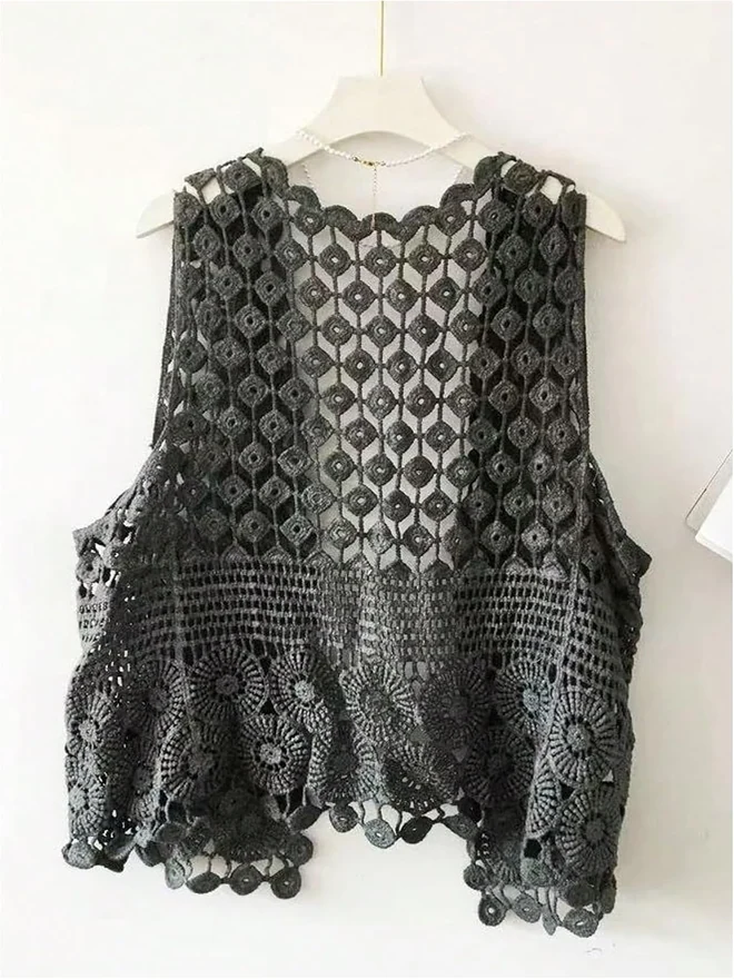 Hollow Out Crochet Sweater Vest Open Front Sleeveless Tops by OYOANGLE, photograph 2 of 4