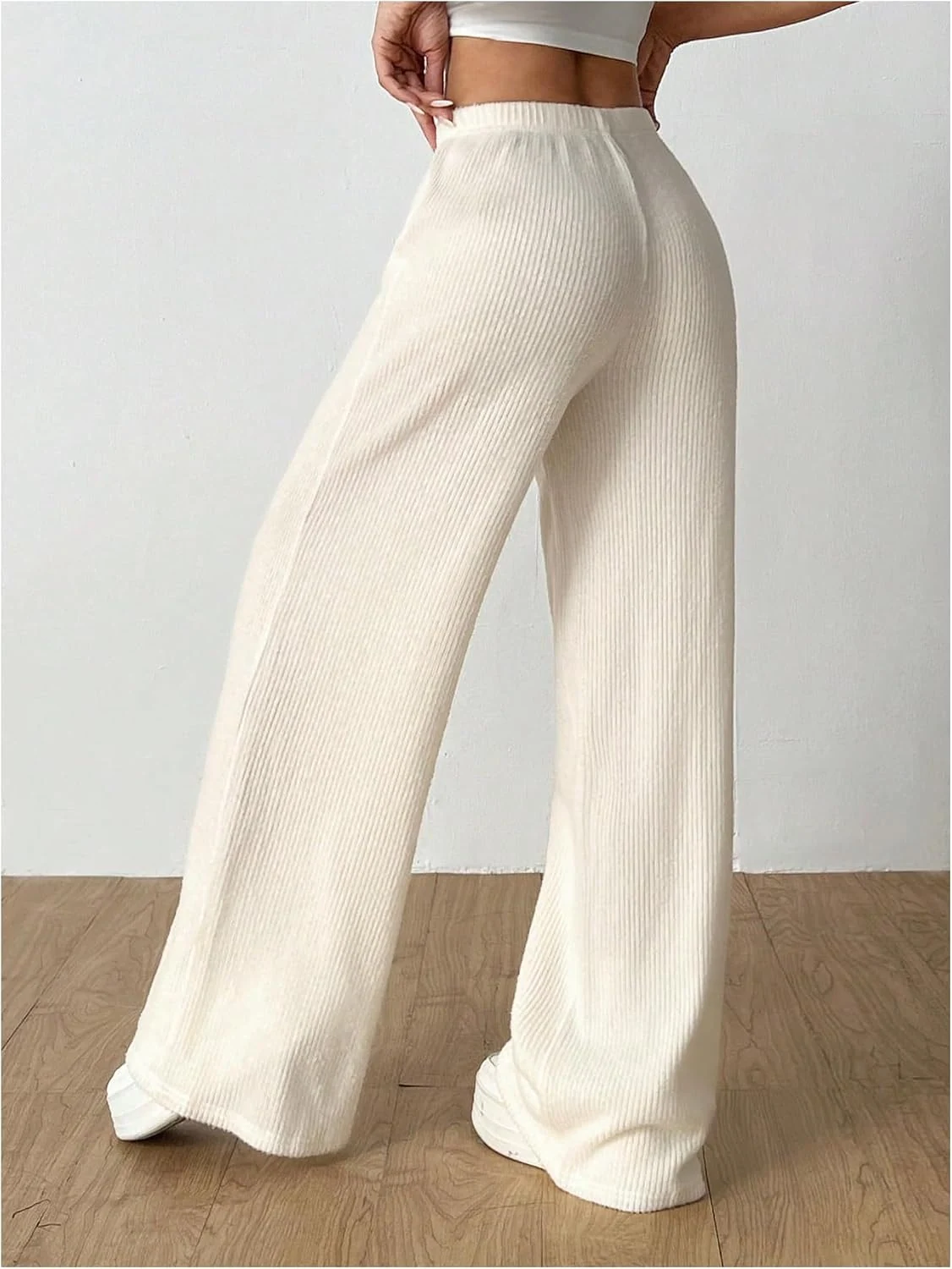 Rib High Waisted Trousers Drawstring Waist Wide Leg Pants by OYOANGLE, photograph 1 of 3