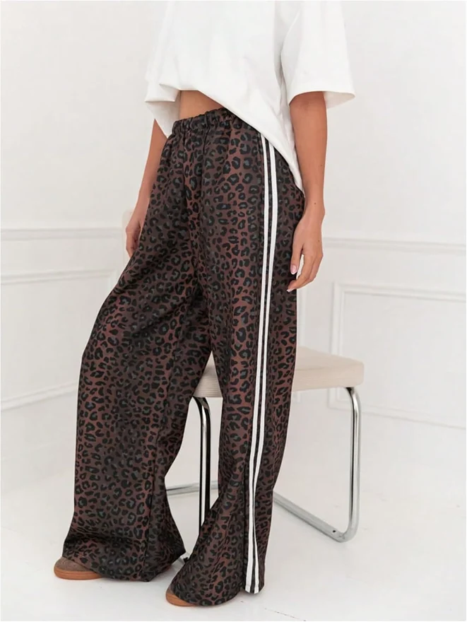 Y2k Leopard Wide Leg Track Pants Elastic Waist Side Striped by OYOANGLE