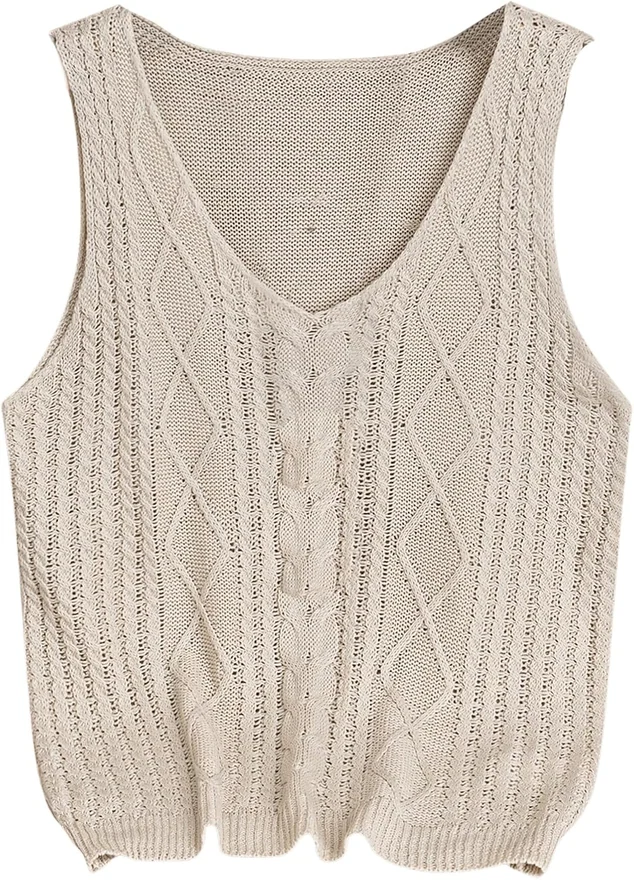 Cable Knit Sweater Vest Lightweight V Neck Sleeveless Sweater by OYOANGLE