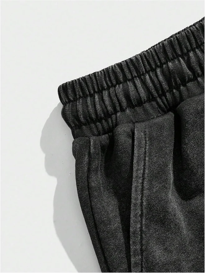 Vintage Washed Drawstring Elastic Waist Shorts Black by OYOANGLE, photograph 3 of 4
