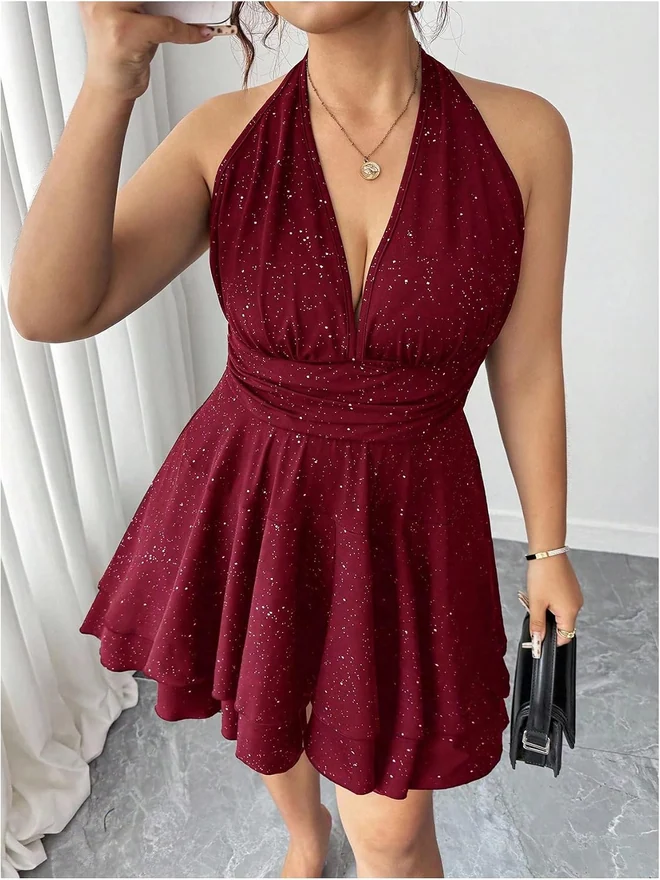 Plus Size Sequin Sparkly Sleeveless Halter Short Dress Red by OYOANGLE, photograph 4 of 4