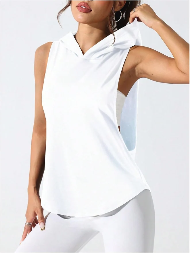 Workout Top Hooded Tank Graphic Print Gym Yoga Shirt White by OYOANGLE, photograph 2 of 3